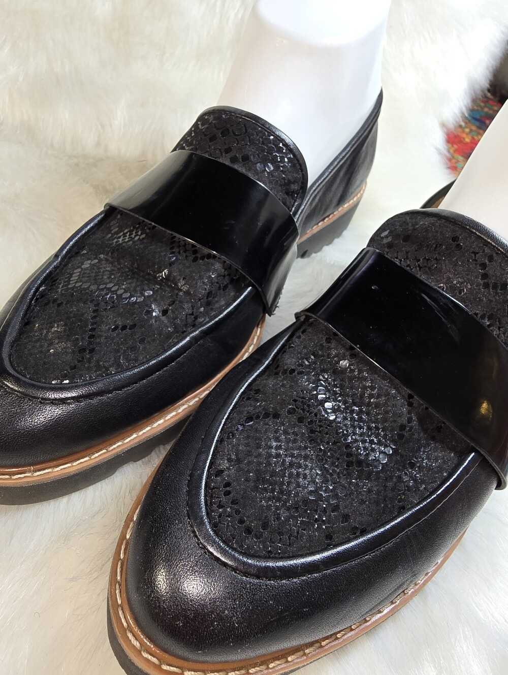 Hologen Emily Womens Leather Slip-On Loafer with Patent & Snakeskin Accents